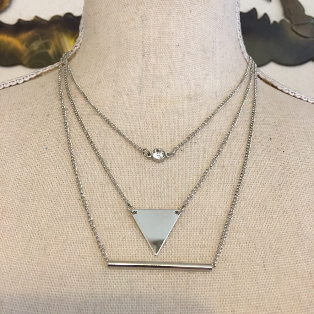 Silver tone triple layer chain & pendant necklace